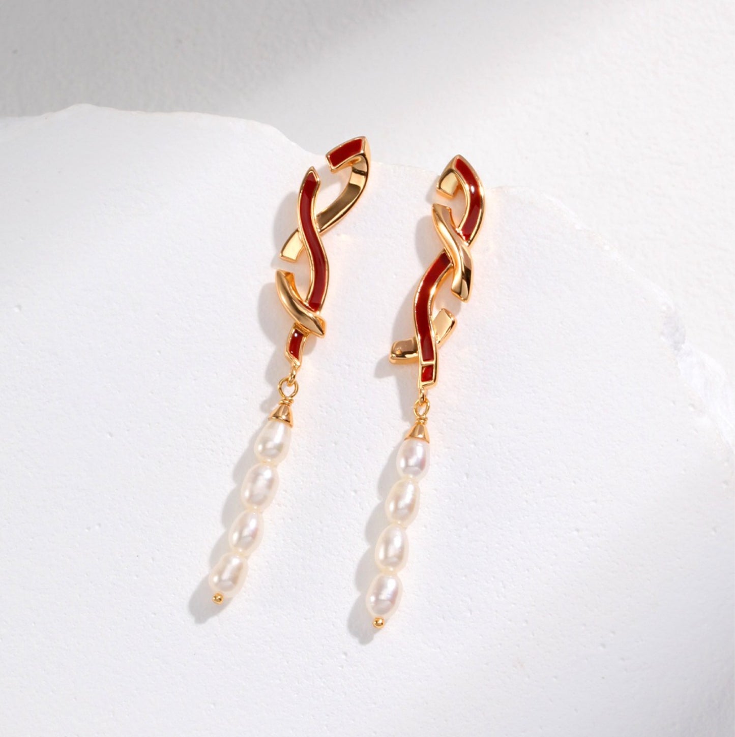 Red Ribbon Pearl Earrings