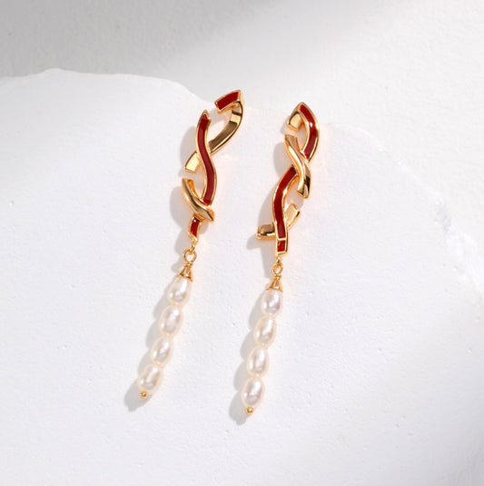 Red Ribbon Pearl Earrings